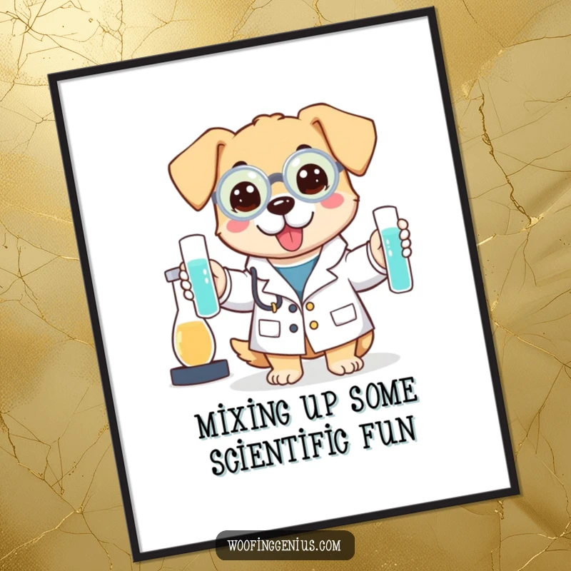 Funny Free Printable Science Dog Wall Art: A dog in a lab coat with test tubes, bringing playful scientific charm to any room.