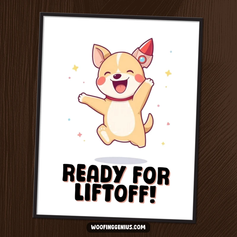 Funny Free Printable Wall Art: An ecstatic dog leaps with joy as a small rocket ship blasts off into the sky.