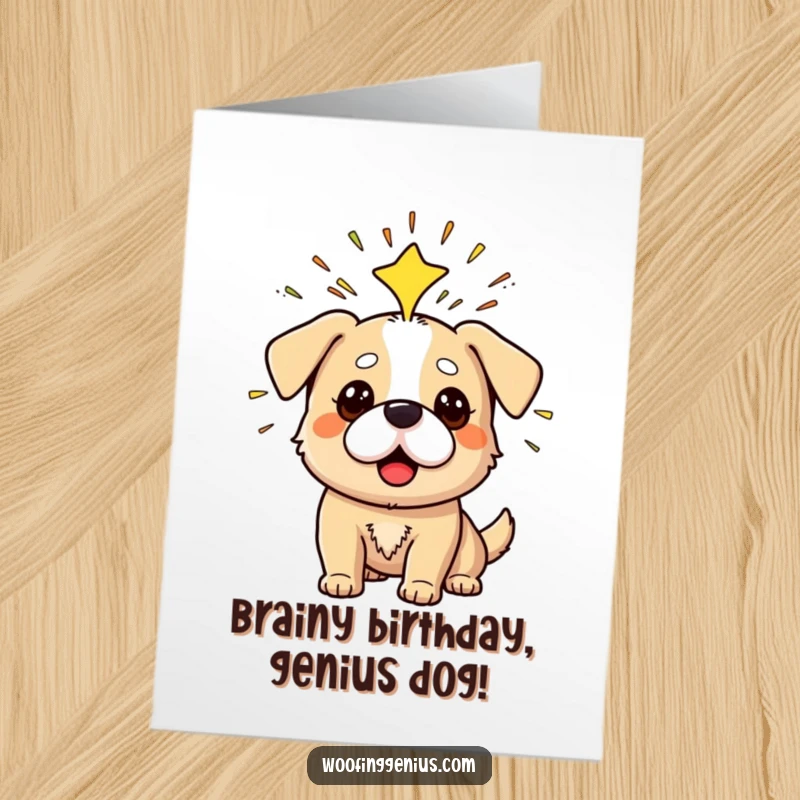Funny Free Printable Birthday Card showing a dog having a Eureka moment, sparks flying from its head, a symbol of great ideas.