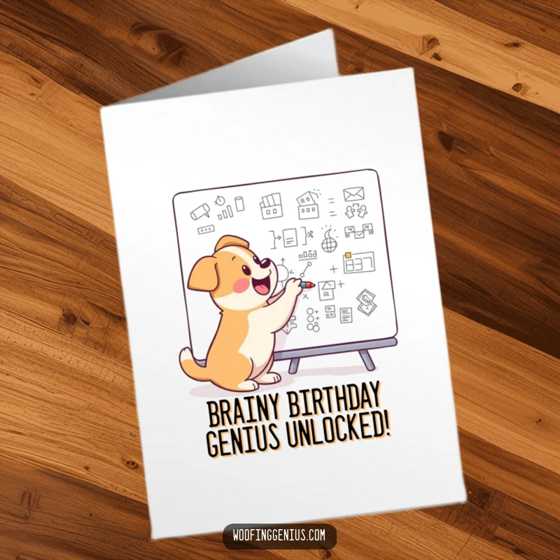 Funny Free Printable Birthday Card: A dog enthusiastically drawing intricate diagrams on a whiteboard, showcasing intellect.