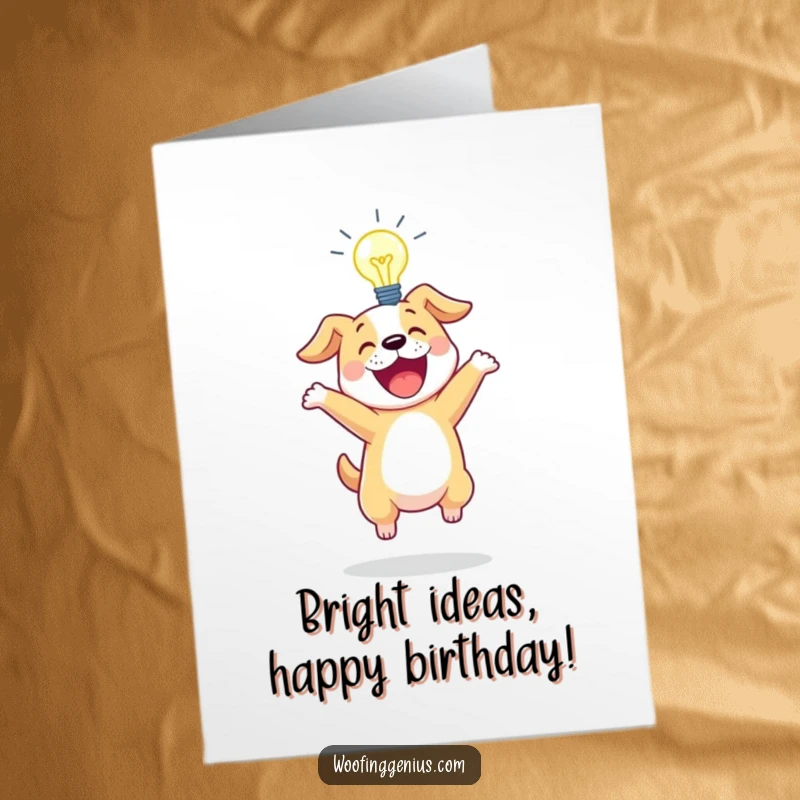 Funny Free Printable Birthday Card: Excited dog bouncing, lightbulb glowing brightly above its head, celebrating a brilliant birthday.
