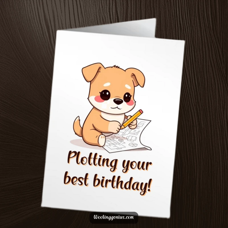 Funny free printable birthday card, a dog sketching complex blueprints with a tiny pencil, planning a great day.