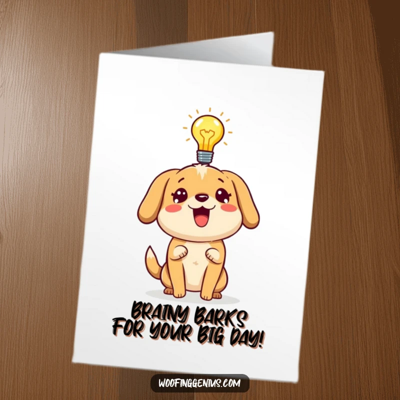 Funny Free Printable Birthday Card: Dog with Lightbulb Above Head Explaining Idea Energetically.