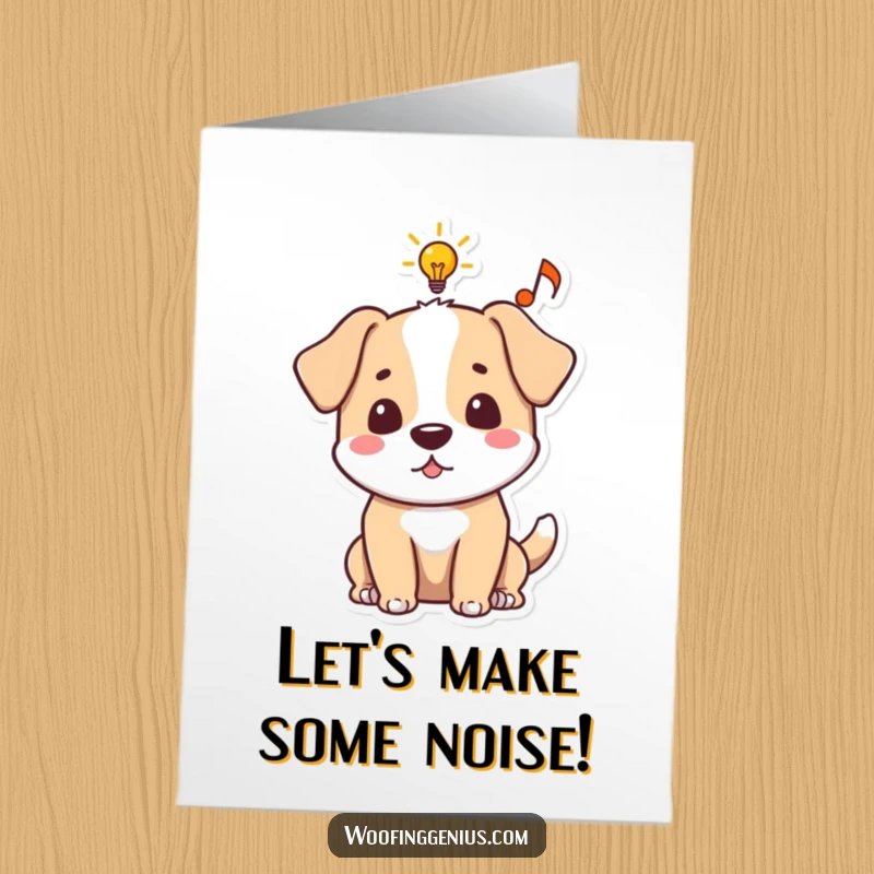 Funny Free Printable Birthday Card: Dog has a lightbulb and musical note in its idea bubble, ready to celebrate.