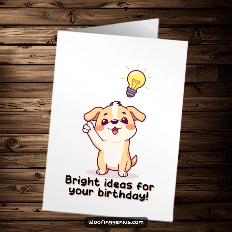 Funny Free Printable Birthday Card: A dog has a lightbulb moment, excitedly pointing with a big idea.