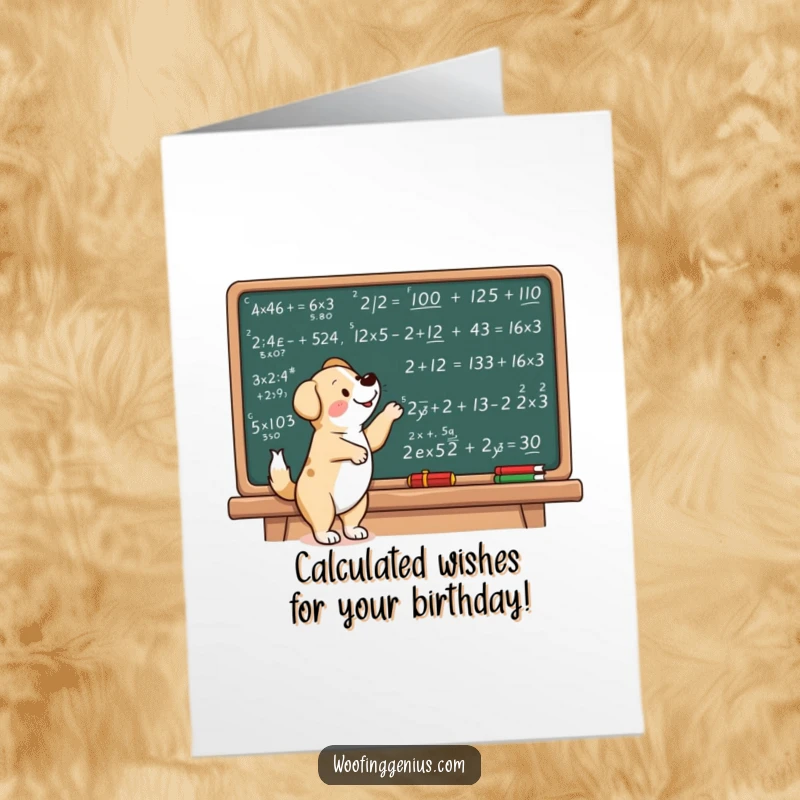 Funny Free Printable Birthday Card: Dog Excitedly Pointing at Complex Math Equations on Chalkboard.