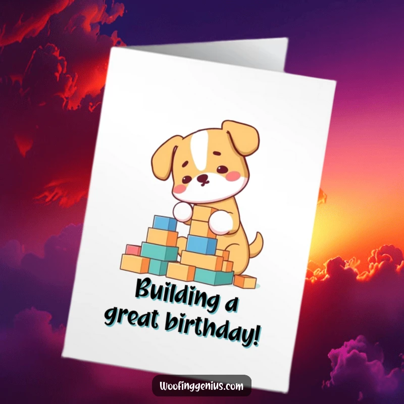 Funny Free Printable Birthday Card: A dog carefully stacking building blocks into a tall tower, a downloadable gift.