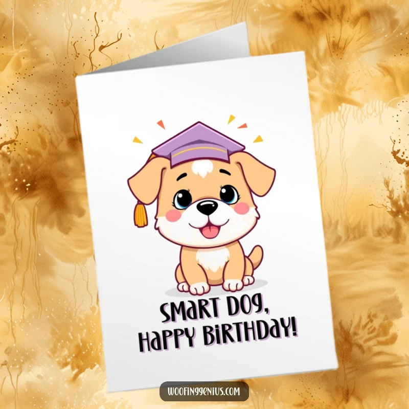 Funny Free Printable birthday card featuring a dog in a graduation cap, excitedly celebrating a bright, lightbulb-moment idea.