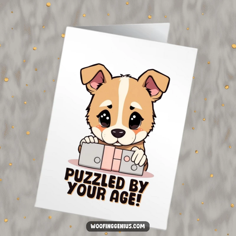 Funny Free Printable Birthday Card: A dog with a thoughtful gaze looking at a perfectly solved complex puzzle, a downloadable gift.