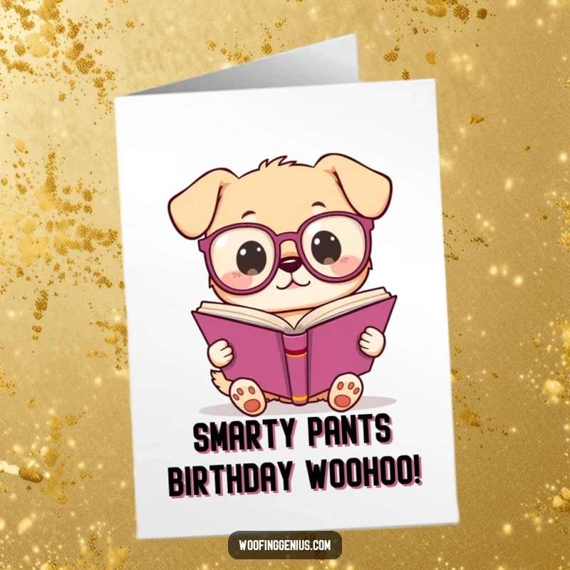 Funny Free Printable Birthday Card: Kawaii dog with big glasses intently reading a large book.