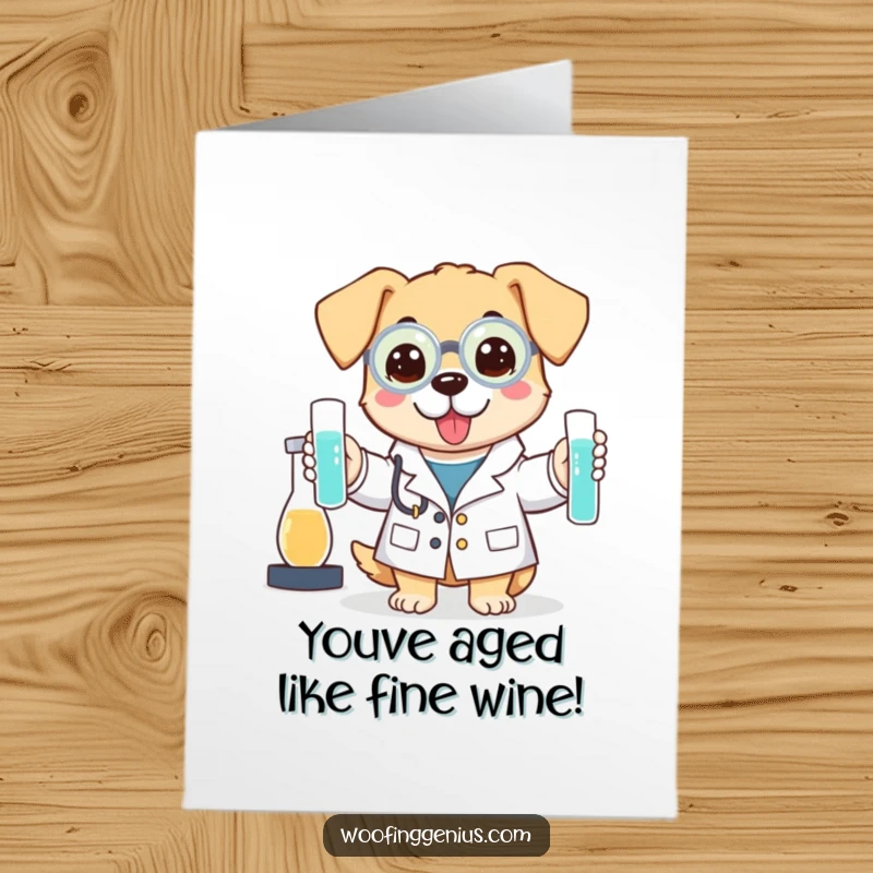 Funny Free Printable Scientist Dog Birthday Card: A dog in a lab coat holds test tubes, ready to celebrate with science.