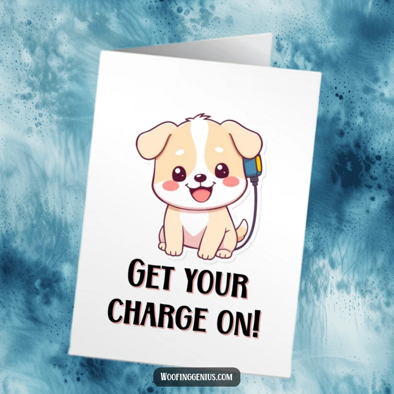 Funny Free Printable Birthday Card: Kawaii dog smiling while plugging a charger into its head, self-energized.