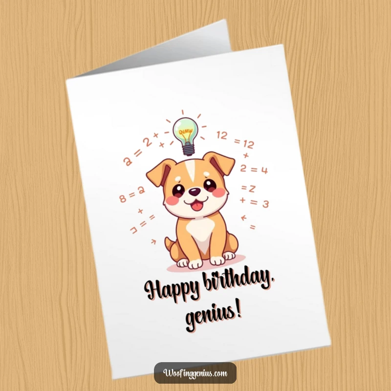 Funny Free Printable Birthday Card: Dog idea dog surrounded by floating math/science equations with a glowing lightbulb above its head.
