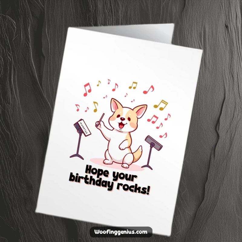 Funny Free Printable Maestro Dog Birthday Card: A dog energetically conducting musical notes, orchestrating a birthday bash.