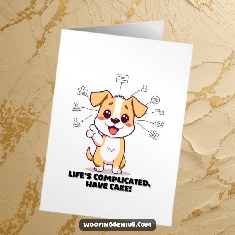 Funny free printable birthday card: An excited dog points at a complicated scientific diagram, ready to share knowledge.