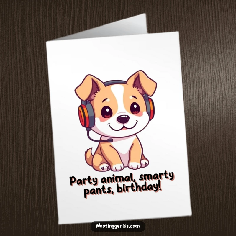 Funny Free Printable Birthday Card: Dog wears headphones, intently listening to a lecture, radiating focus for a downloadable gift.