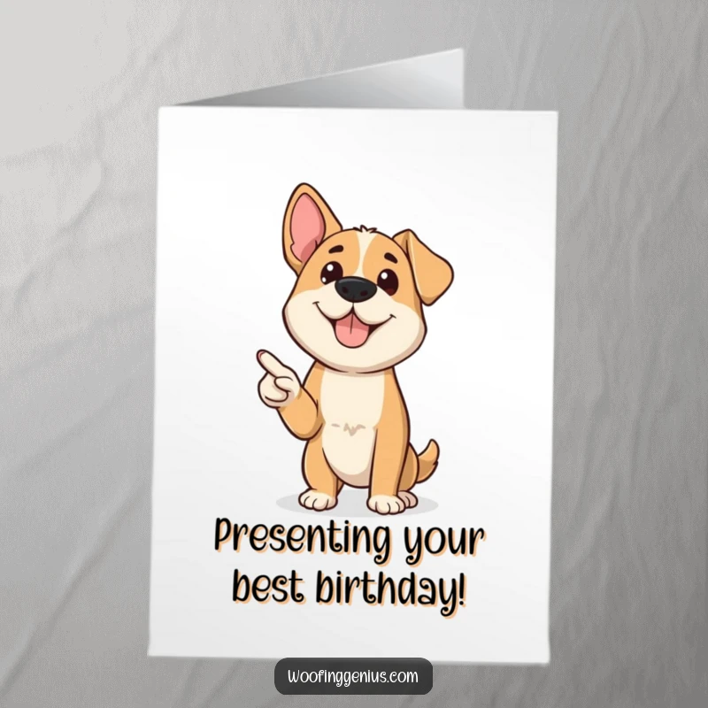 Funny Free Printable Birthday Card: A dog confidently presents information using a miniature pointer.