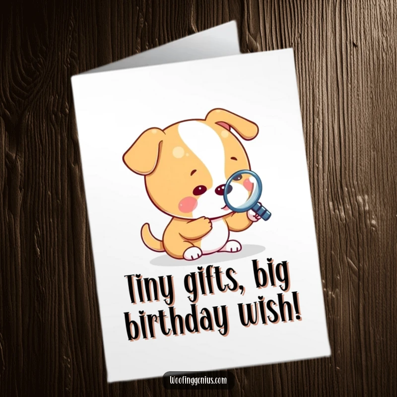 Funny Free Printable Birthday Card: Dog uses magnifying glass to inspect tiny object, a curious detective for a downloadable gift.