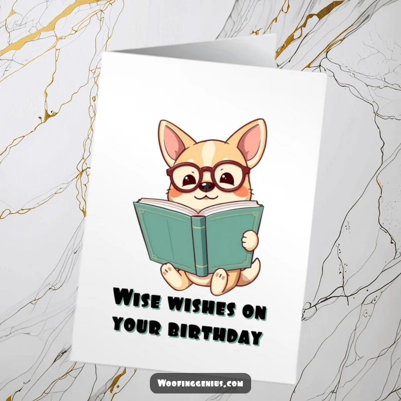 Funny Free Printable Birthday Card: A dog in spectacles holding a huge ancient book, looking enlightened and wise.