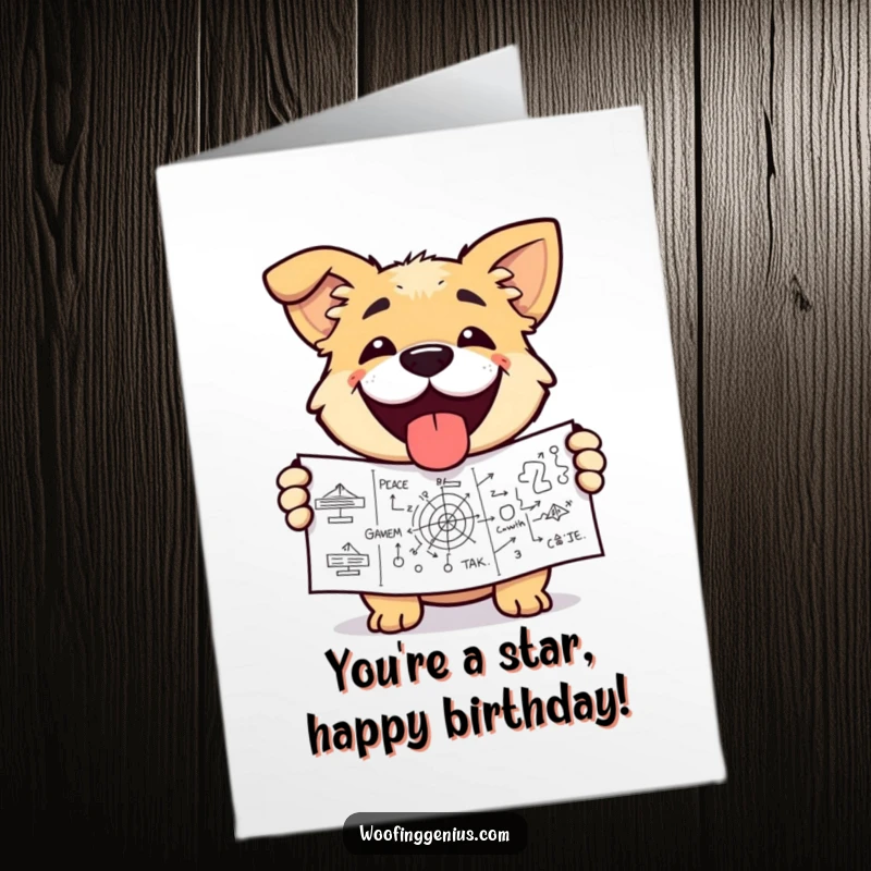 Funny Free Printable Birthday Card: Dog with triumphant grin holding a large, complex diagram, celebrating a big win.