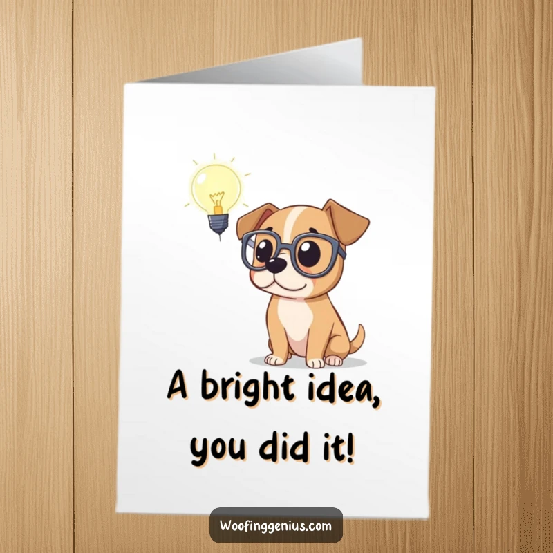 Free Printable Congratulations Card: A dog wearing oversized spectacles, deep in thought before a glowing lightbulb, celebrating your insight.