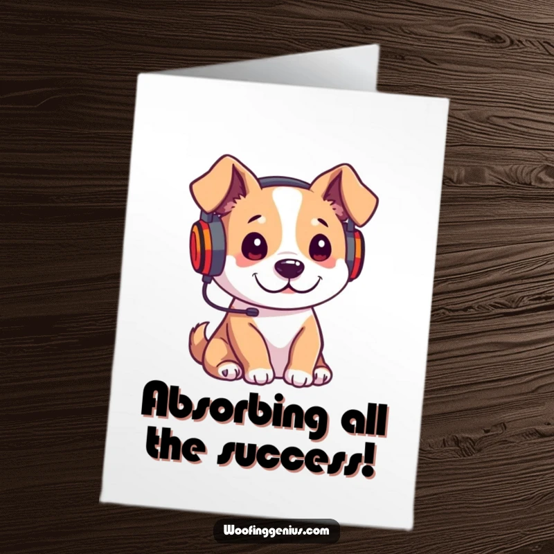 Funny Free Printable Congrats Card: Dog wears headphones, intently listening to a lecture, celebrating achievement with downloadable art.