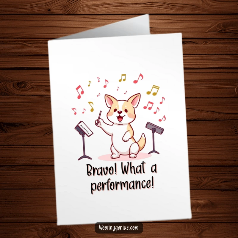 Funny Free Printable Harmony Dog Card: A dog masterfully leading musical notes, applauding a grand achievement.