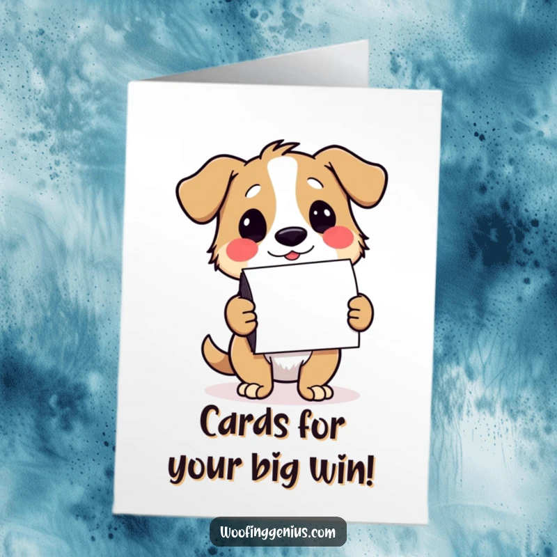 Funny Free Printable Congrats Card: A knowing dog winks while presenting a neat stack of colorful notecards.
