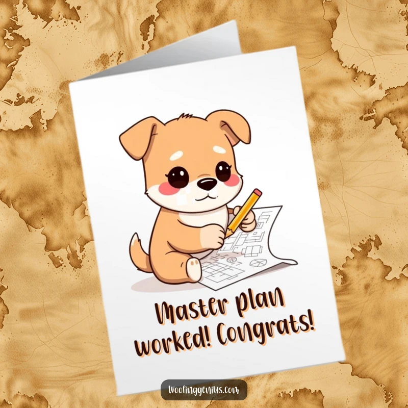 Funny free printable congratulations card, a dog meticulously sketching complex blueprints with a tiny pencil, proud of its work.