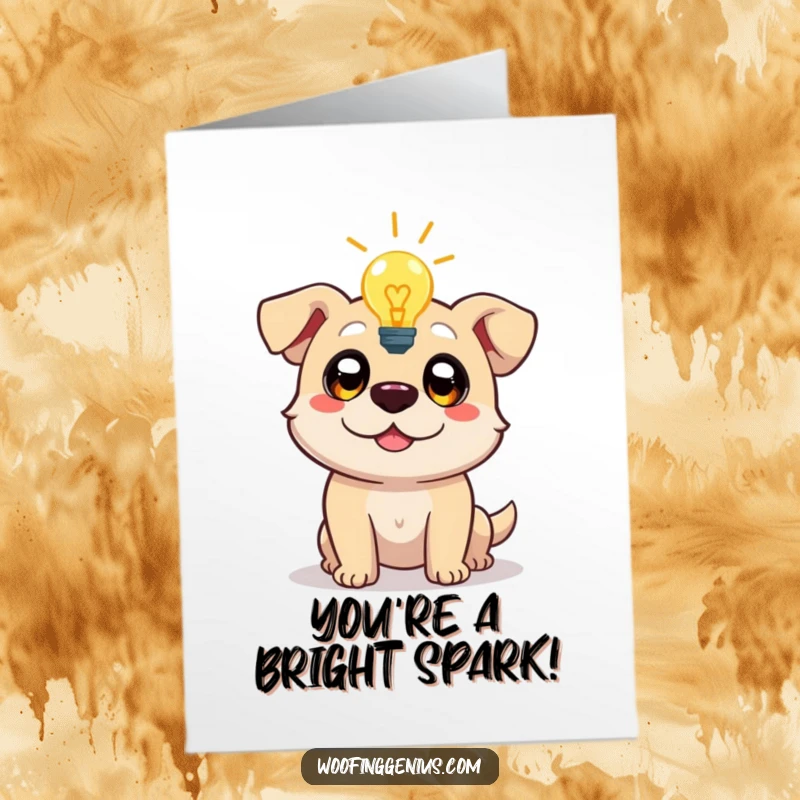 Funny Free Printable Congratulations Card: A dog with wide eyes, experiencing a bright lightbulb moment of inspiration.