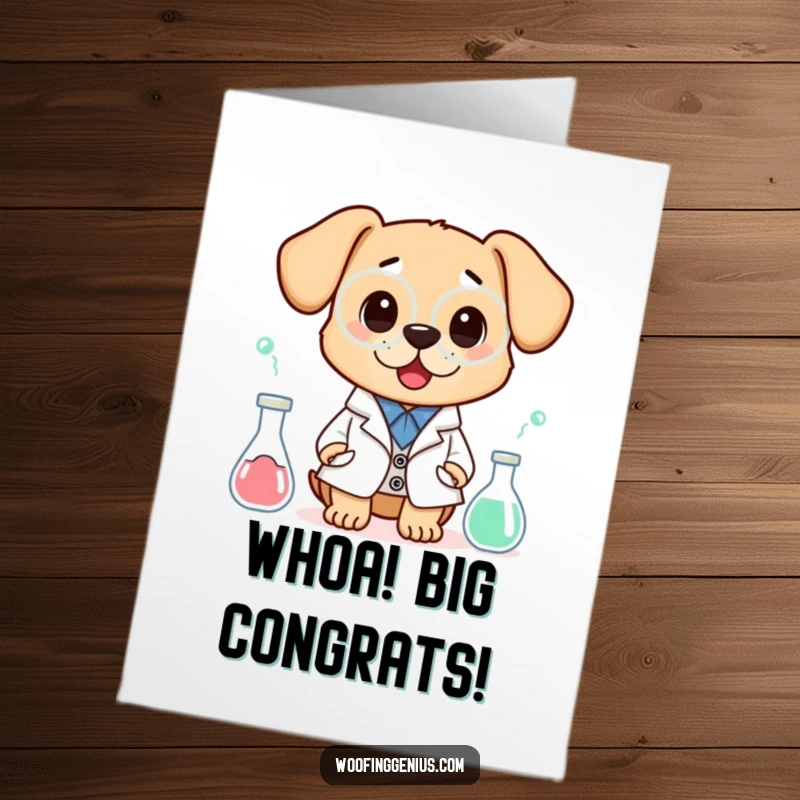 Funny free printable congratulations card, a dog scientist in a lab coat, eyes wide with surprise at its experiment.