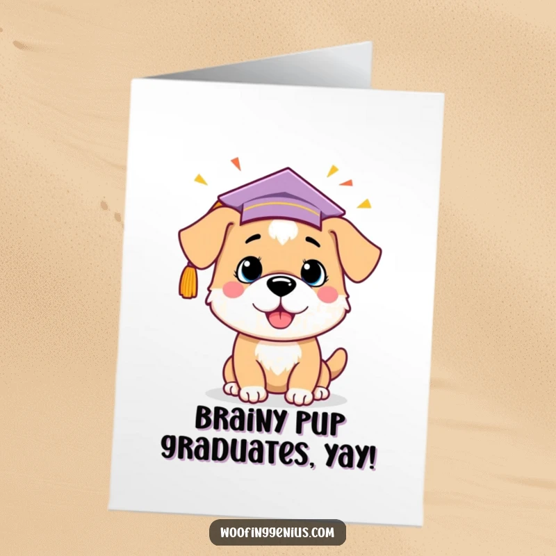 Funny Free Printable congratulations card of a dog wearing a graduation cap, celebrating a brilliant new idea with enthusiasm.