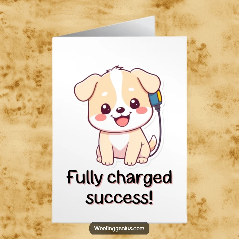 Funny Free Printable Congrats Card: Kawaii dog smiling while plugging a charger into its head, energized by success.