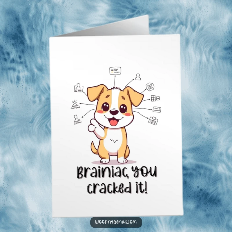 Funny free printable congratulations card: An enthusiastic dog gestures with its paw towards a complex and detailed diagram.