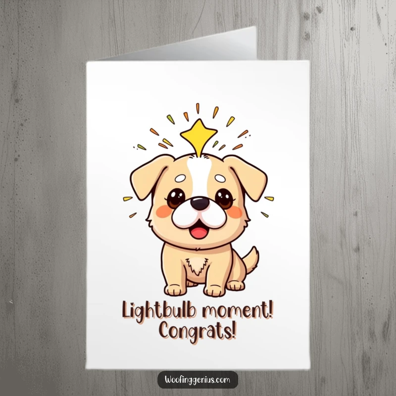 Funny Free Printable Congratulations Card depicting a dog’s sudden realization, sparks radiating from its head, signifying a breakthrough.