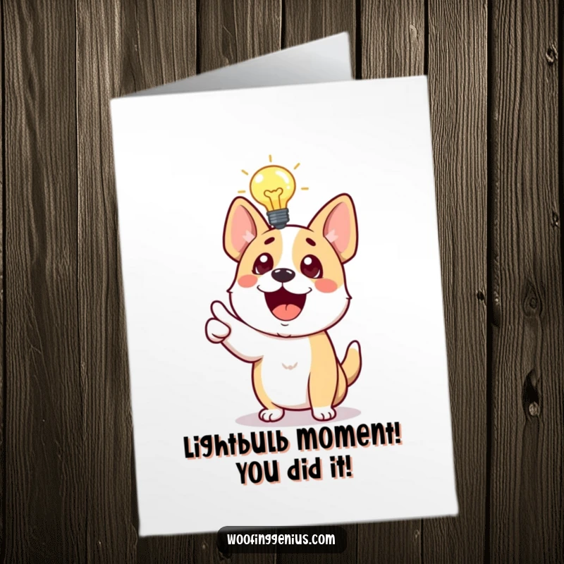 Funny Free Printable Congratulations Card: Excited dog with a lightbulb, pointing at a brilliant idea, celebrating success with humor.
