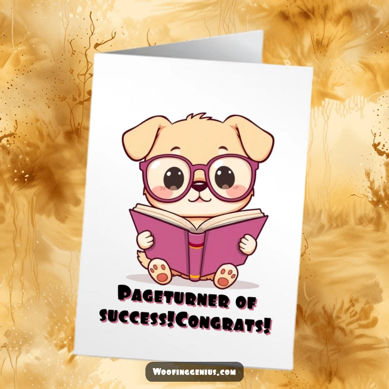 Funny Free Printable Congratulations Card: Kawaii dog wearing spectacles, holding a book, looking smart.