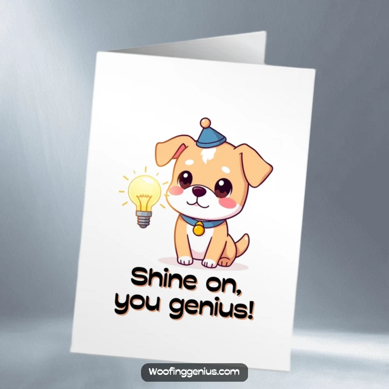 Funny Free Printable Congrats Card: Clever dog wearing a thinking cap, holding a glowing lightbulb, representing a breakthrough.
