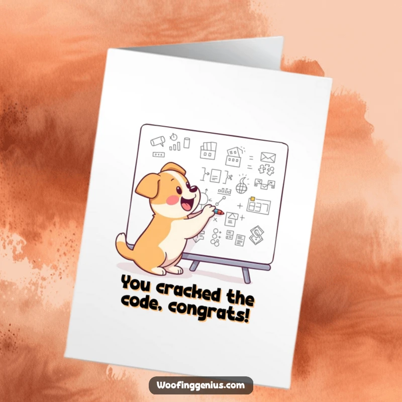 Funny Free Printable Congrats Card: Excited dog drawing complex schematics on a whiteboard, a true visionary.