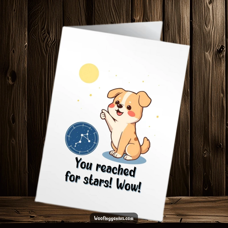 Funny Free Printable Congratulations Card: A dog points with great emphasis at a constellation detailed on a star chart.
