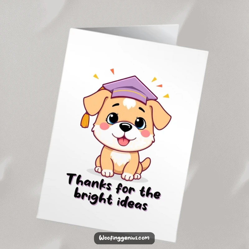 Funny Free Printable thank you card featuring a dog in a graduation cap, excitedly celebrating a clever idea with a lightbulb above.