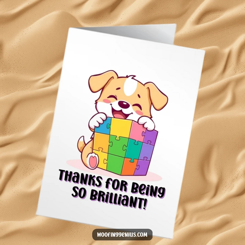 Funny Free Printable Thank You Card: A happy dog gives a thumbs up after solving a complex puzzle cube.