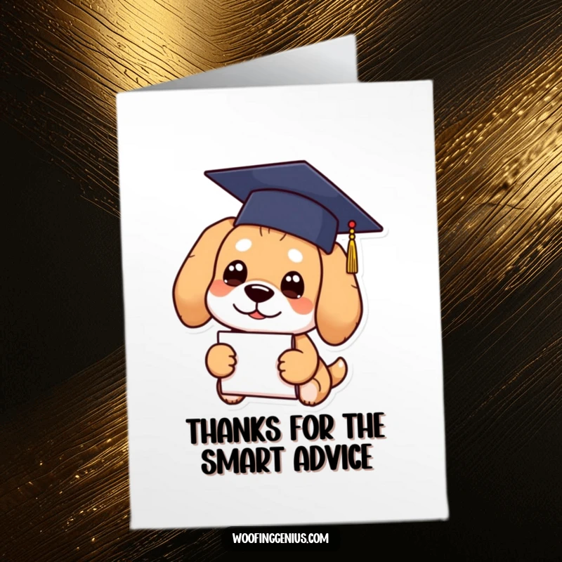 Funny free printable thank you card of a dog in a graduation cap with a diploma, conveying thanks with academic flair.