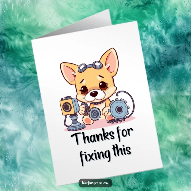 Funny Free Printable Techie Dog Thank You Card: A focused dog surrounded by gears and wires says thanks in a unique way.