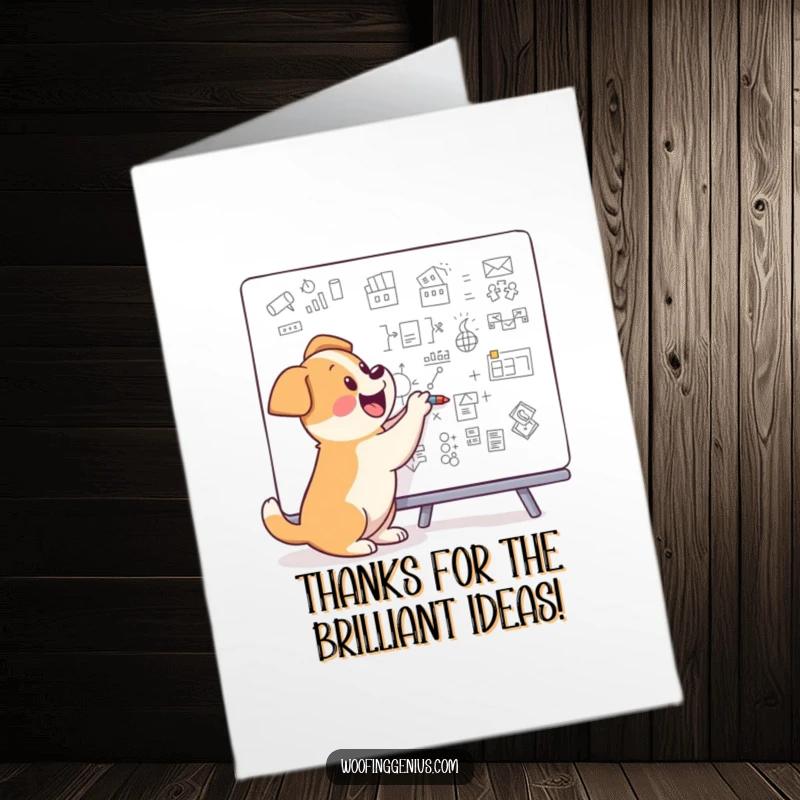Funny Free Printable Thank You Card: A dog drawing complex diagrams on a whiteboard, expressing gratitude through innovation.