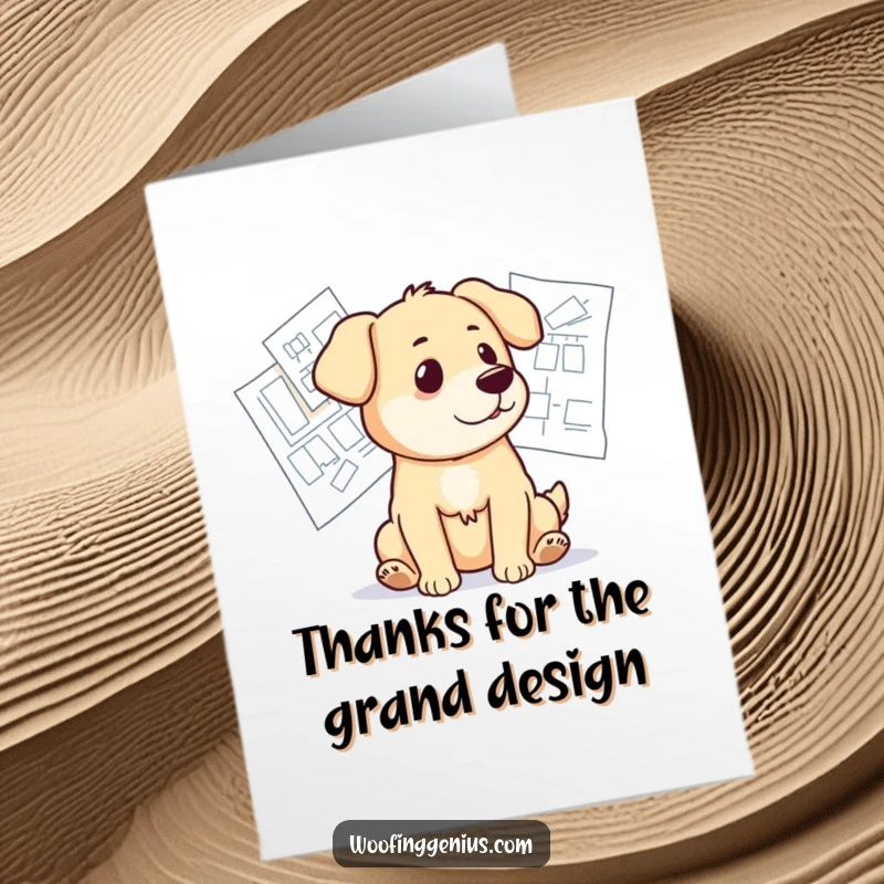 Funny free printable thank you card featuring a dog looking thoughtfully at spread-out blueprints, expressing gratitude for plans.