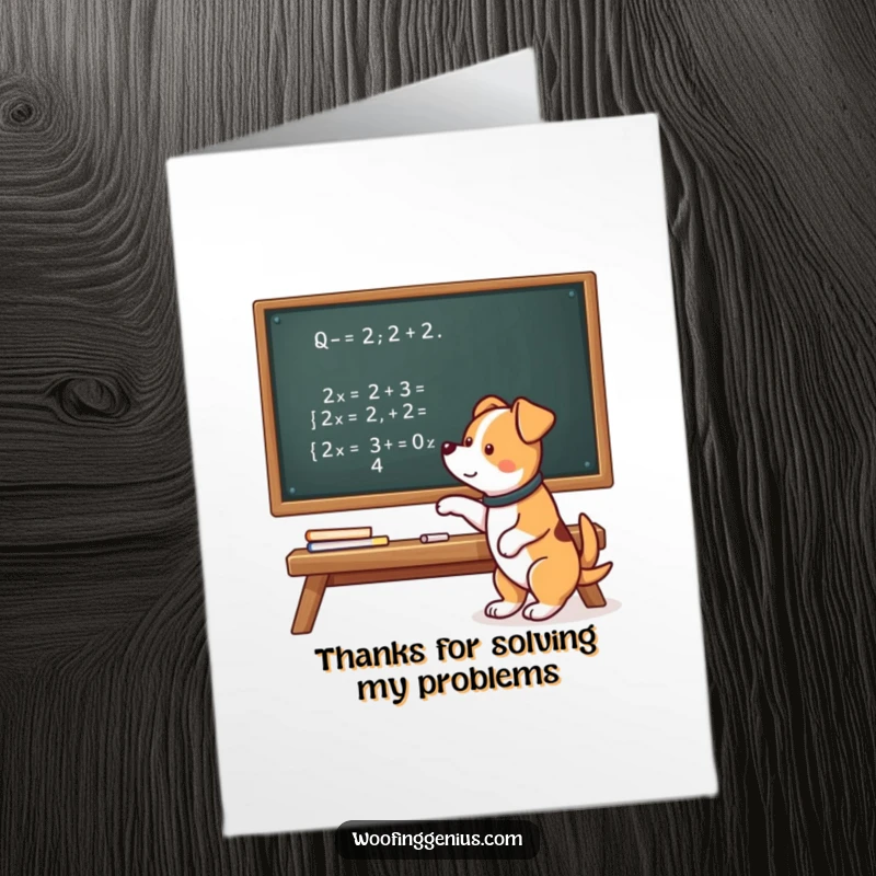 Funny Free Printable Thank You Card: Smart dog points to complex math equation on chalkboard, expressing thanks with downloadable art.