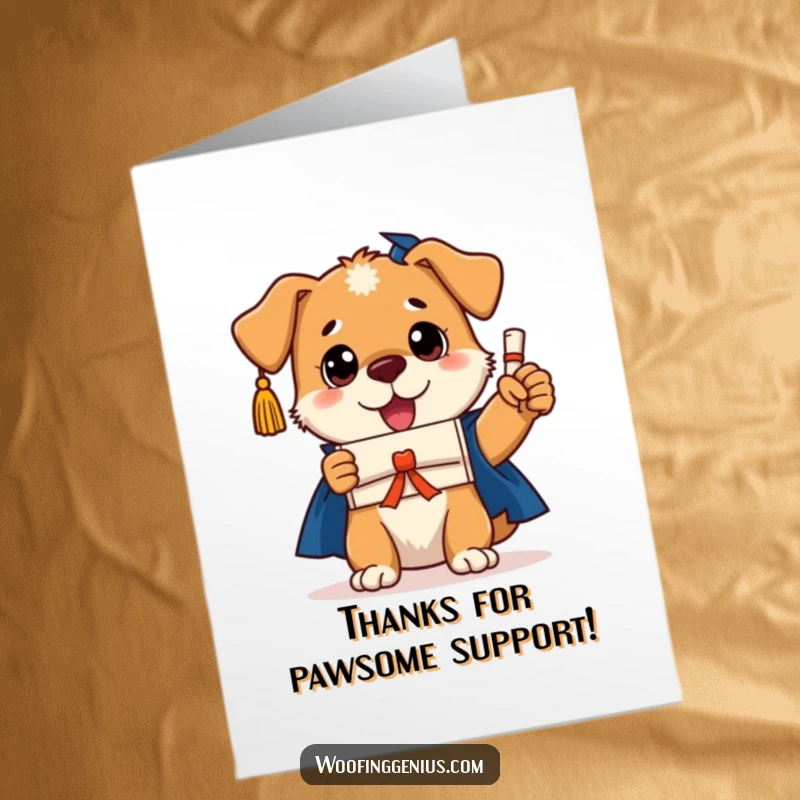 Funny free printable thank you card: A dog in a cap holds a diploma, humorously expressing gratitude for a great deed.