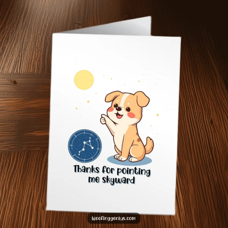Funny Free Printable Thank You Card: A dog dramatically points to a specific constellation on a dark star chart.