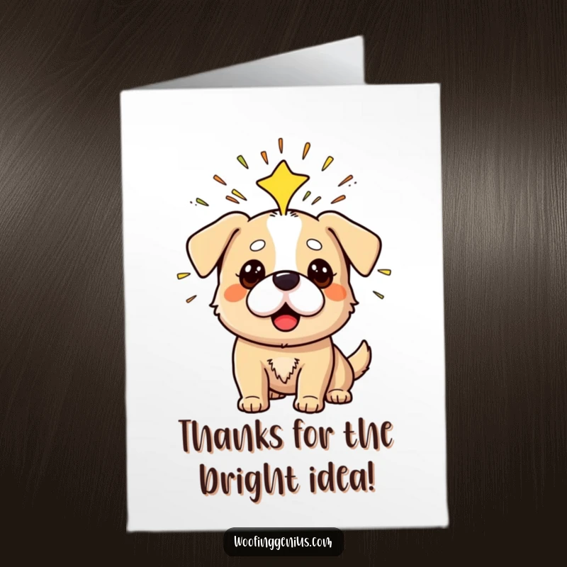 Funny Free Printable Thank You Card of a dog experiencing a Eureka moment, with lightbulbs and sparks emanating from its head.